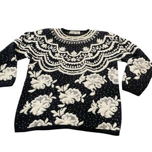 Kitty Hawk Vivian Wang Sweater Women's Large Black White Floral Pearl Accents